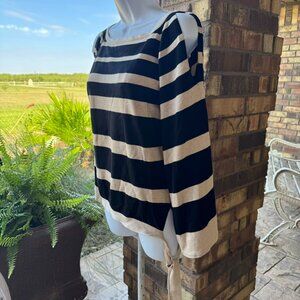 Boston Proper Black/tan striped sweater; XS, cut out shoulders, bell sleeves